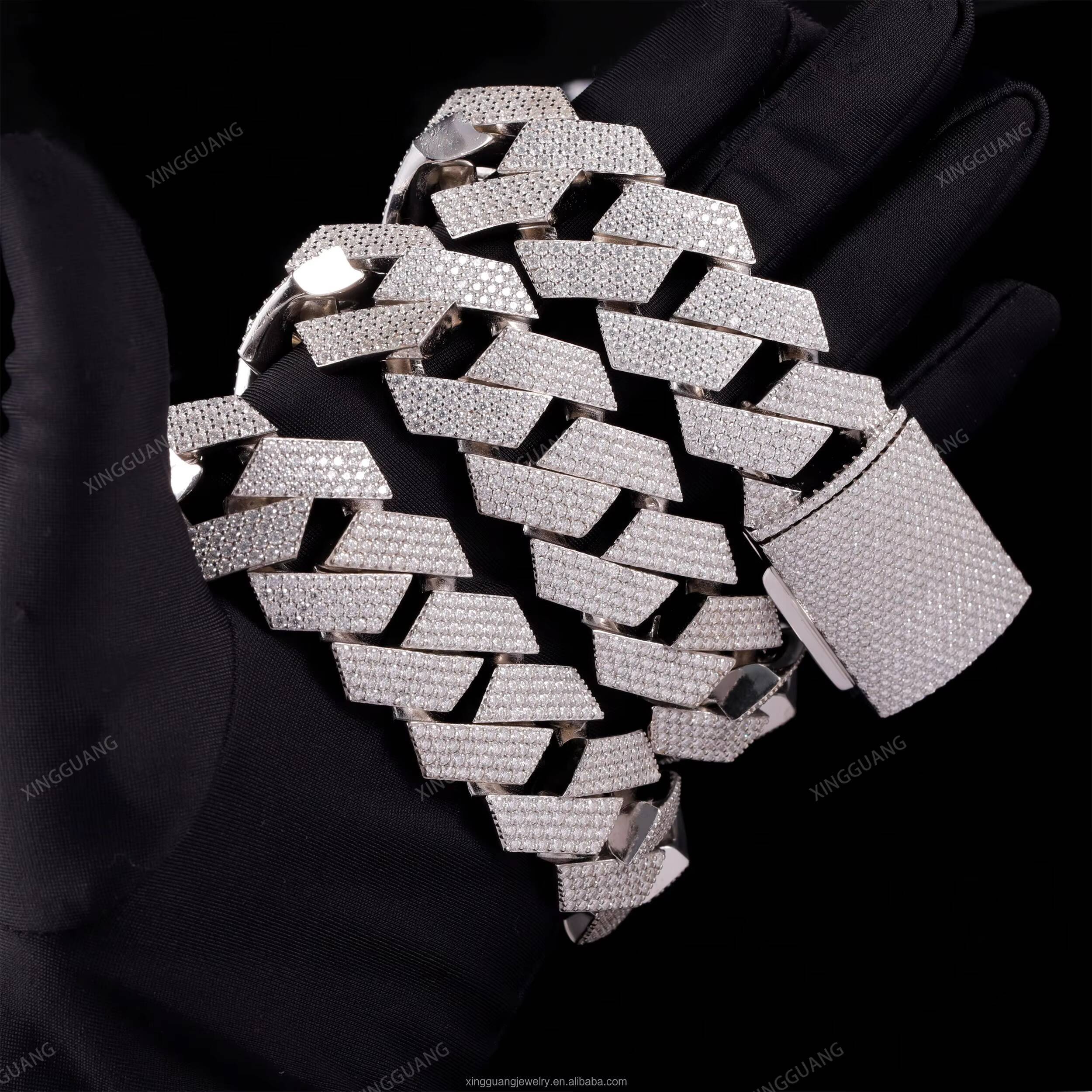 XingGuang Jewelry 24mm 4rows VVS Moissanite Cuban Lidynamic Chain Ice Customized Trend Diamond Silver Miami Cuban Chain Necklace for Men