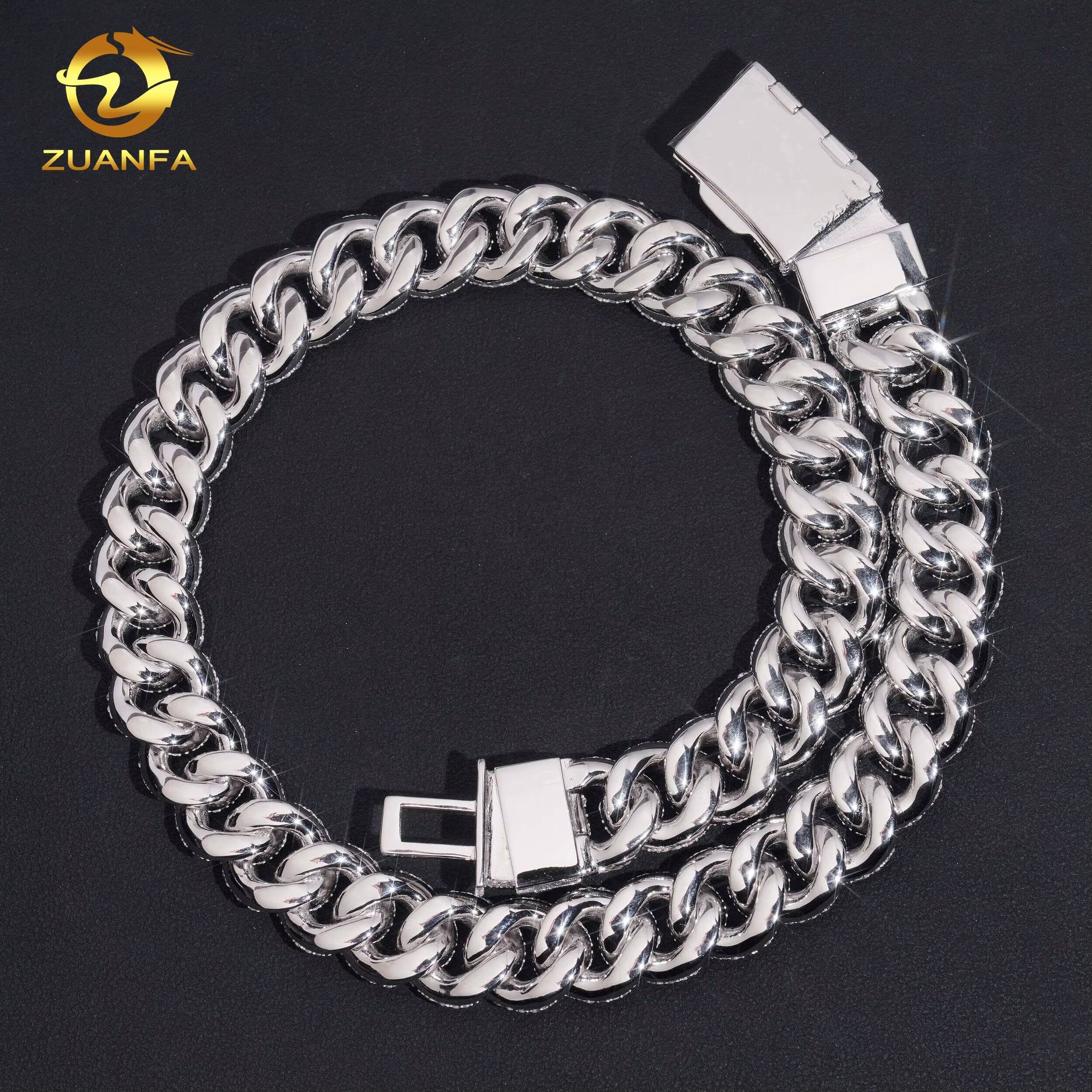 Local Stock Fast Shipping Hip Hop High Quality 925 Silver 15mm Mosaic Set Iced Out Moissanite Diamond Cuban Link Chain