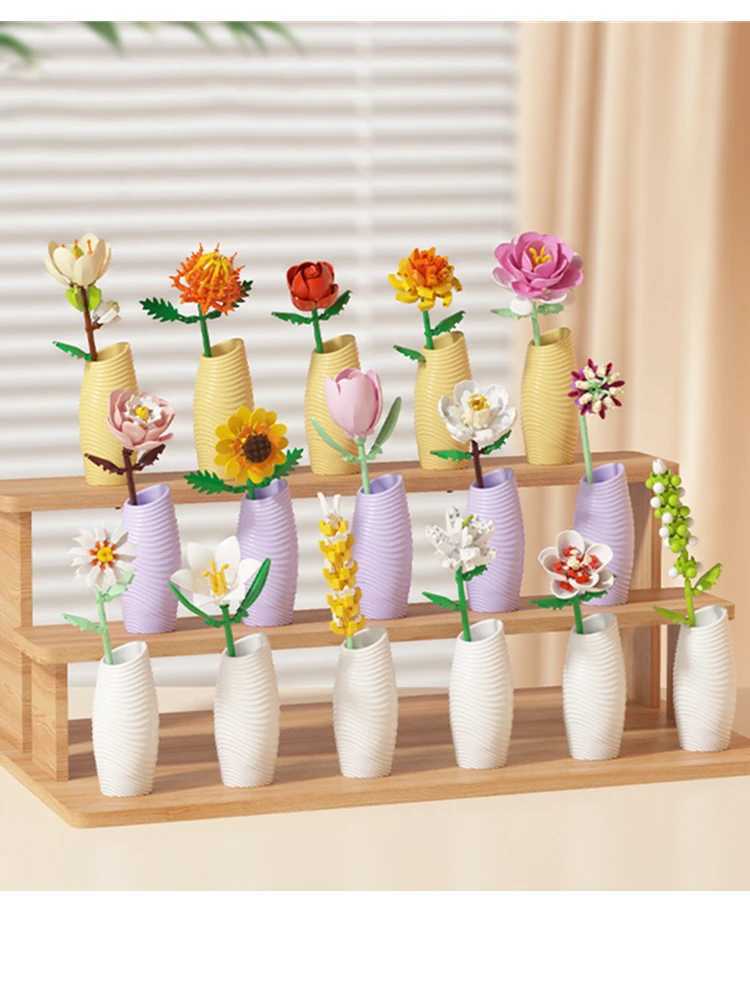 14 Styles Pretty vase Flower arrangement Building Blocks Sunflower Lily Rose Bricks Flower DIY Home Ornaments Valentines Gift J251022