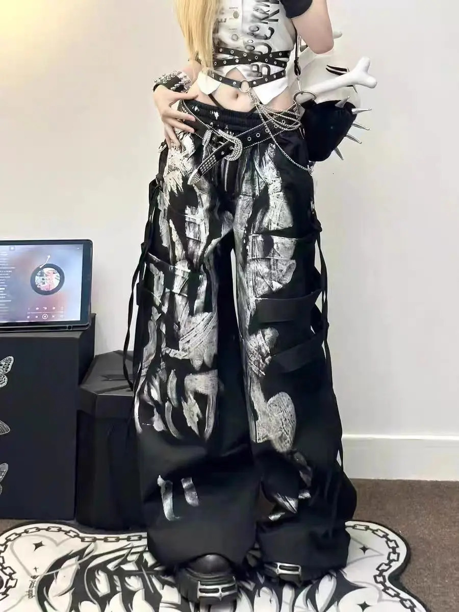 Y2K Grunge Silver Painted Cargo Pants Womens Gothic Drawstring Wide Leg Baggy Streetwear Trousers Female Punk Harajuku Bottoms 251017