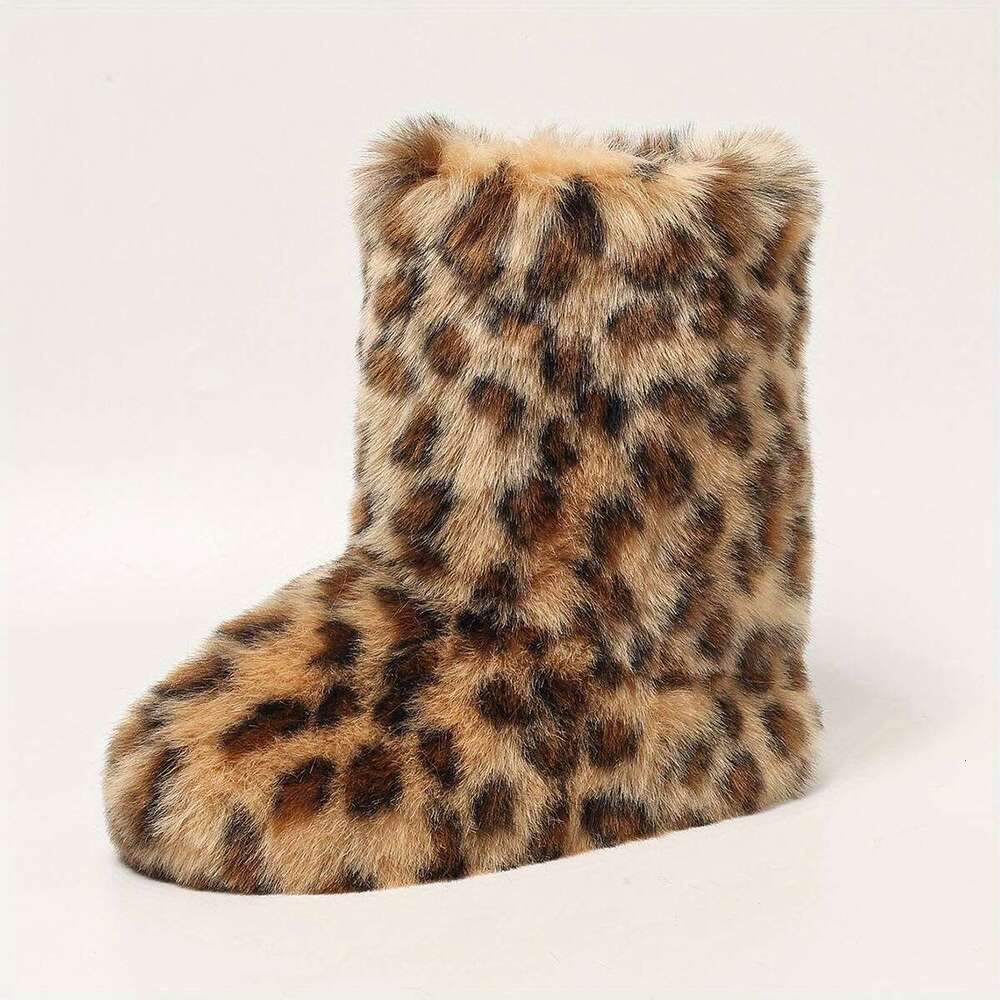 Women's Mid-Calf Faux Fur Y2k Fashion Winter Warm Snow Boots, Leopard Print Flat Heel, Round Toe Slip-On Cozy Booties With Soft TPR Sole