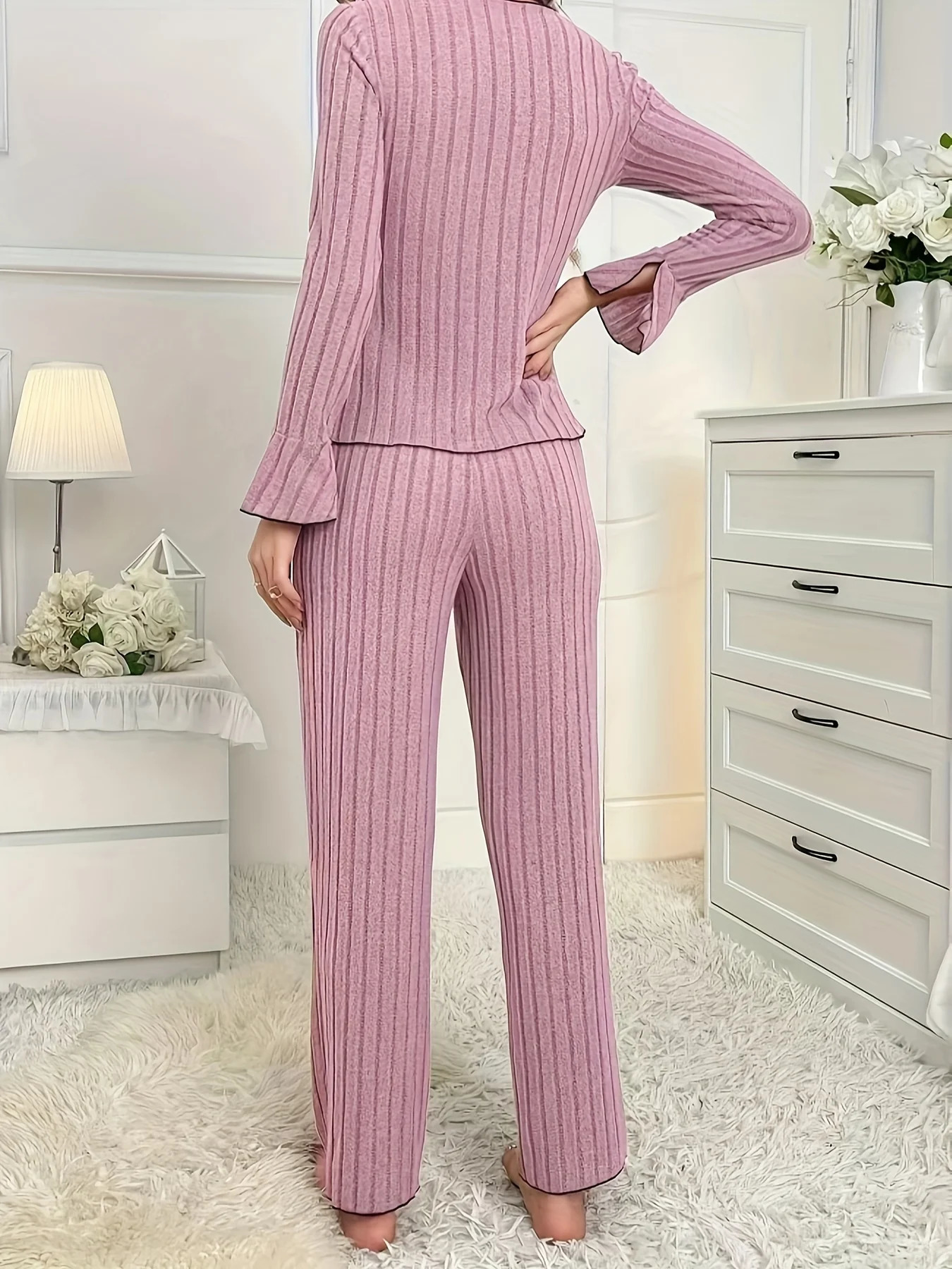2Piece Womens Autumn and Winter Pure Color Elegant Bow Womens Simple LongSleeved Pants Pajama Set 251022