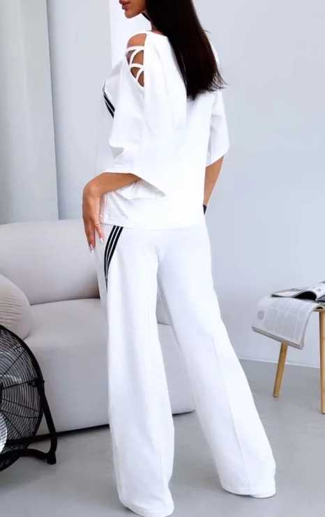 New Fashion Twopiece Womens White Sports Suit Sexy Off Shoulder Loose Sports Shirtcasual Pants Cotton Sportswear WomensT251022
