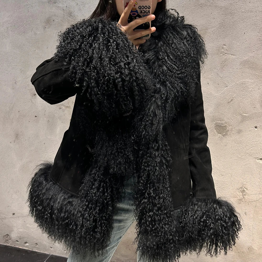 Black Suede Mongolian Sheep Fur Coat Women Jacket with Long Sleeve arrival Winter Real 251021