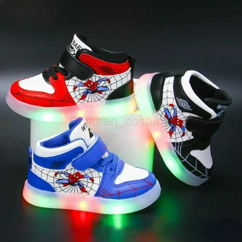 Disney Childrens Led Light Shoes Fashion Design Spiderman Boys Sneakers Girls Cartoon Casual Shoes Breathable Kids Sport Shoes H251022
