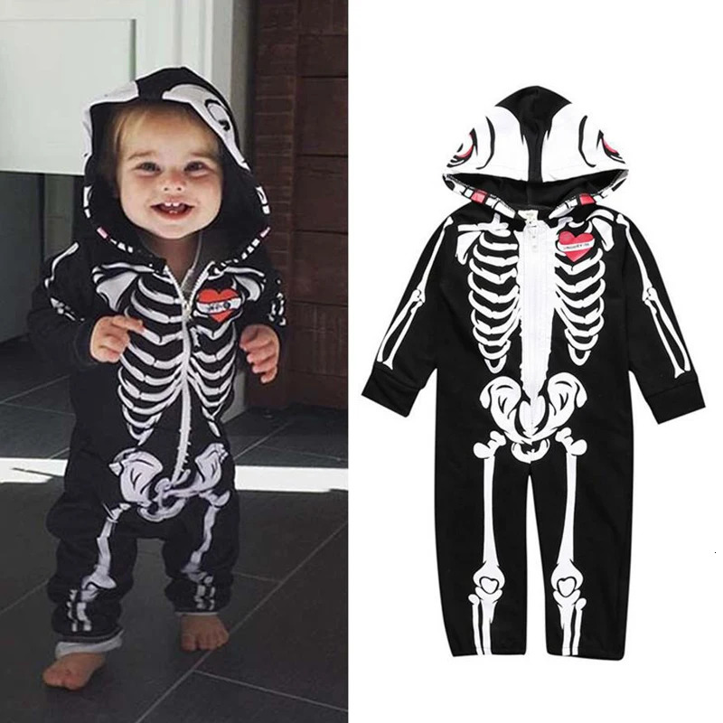 Baby Kids Halloween Clothing Skull Print Toddler Boys Girls Rompers Hooded Jumpsuit Bebe Trick Clothes Zipper Outfits 251022