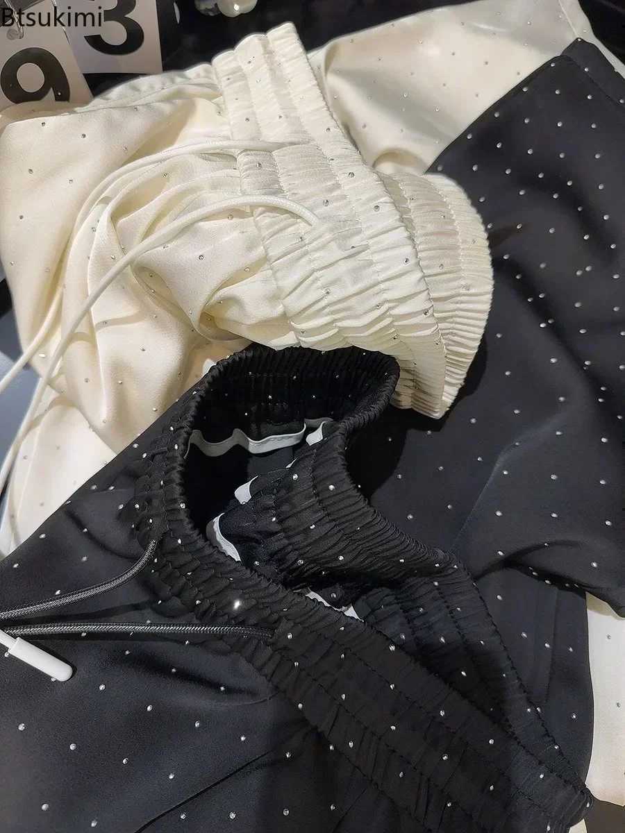 2025 High Quality Luxury Full Rhinestone Wide Leg Pants Fashion New Drawstring High Waist Straight Pants Ladies Casual TrousersT251022