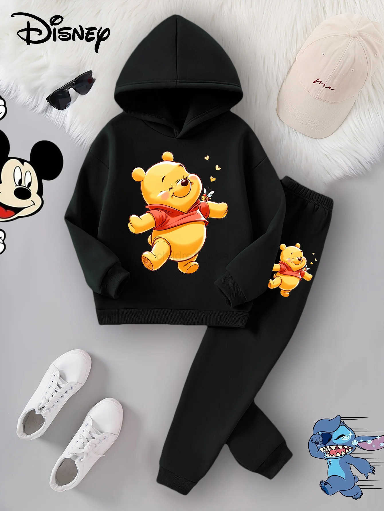 Disney girls twopiece longsleeved pants suit with cute Winnie the Pooh print new autumn and winter hooded fleece sweatshirt H251022