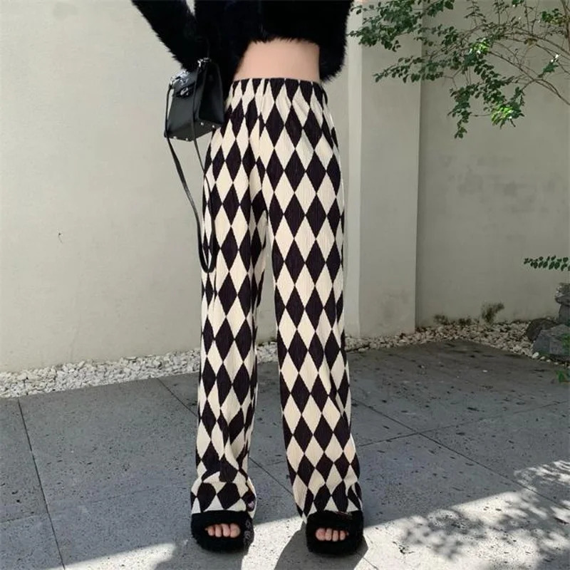 Spring and Summer Minimalist Black and White Diamond Checkered High Waist Casual Loose Fashion Pleated Floor Mop Pants 251016