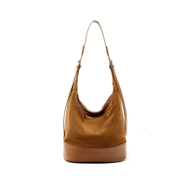Faux Suede Genuine Leather Bucket Underarm Bag For Women Handbag Pursevintage Commuting Large Capacity Shoulder Bags Suotong1022