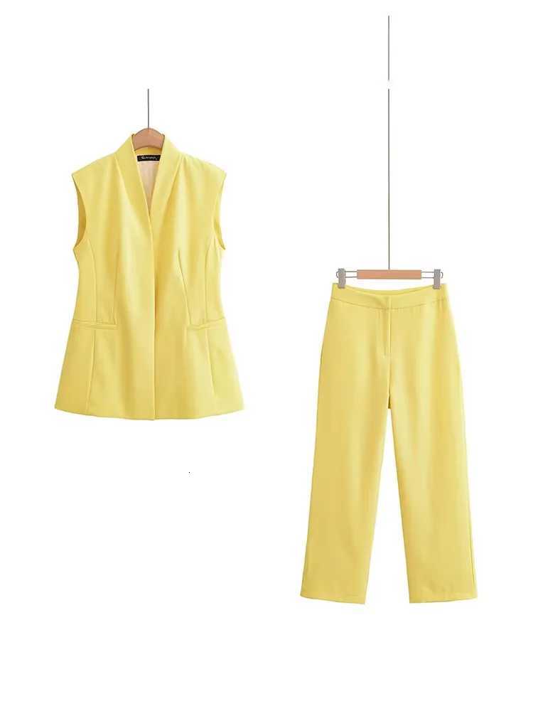 HH Women Pocket Decoration Commute Yellow Solid Pants Suit Sleeveless Button VNeck WaistcoatLoose Wideleg Zipper PantsT251022