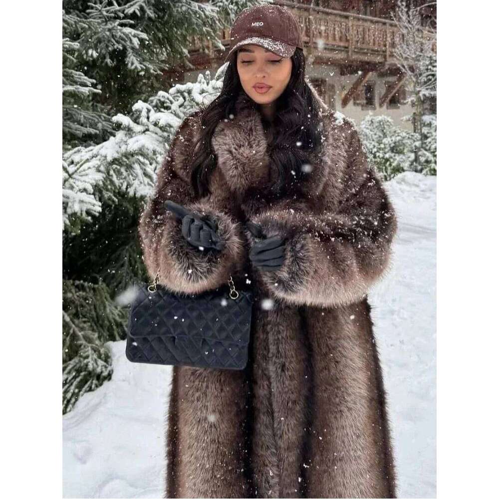 Lapel Long Faux Fur Coat For Women Solid Full Sleeve Furry Loose Jackets Fashion Ladies Winter Warm High Street Outerwear