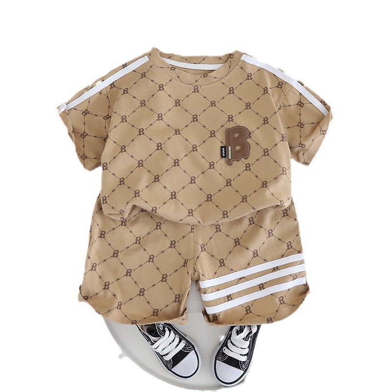 Free Shipping luxury kids clothing 2024 Kids Summer Set - 2-Piece Color Block T-Shirt Outfit, Letter Print Playwear for Boys & Girls