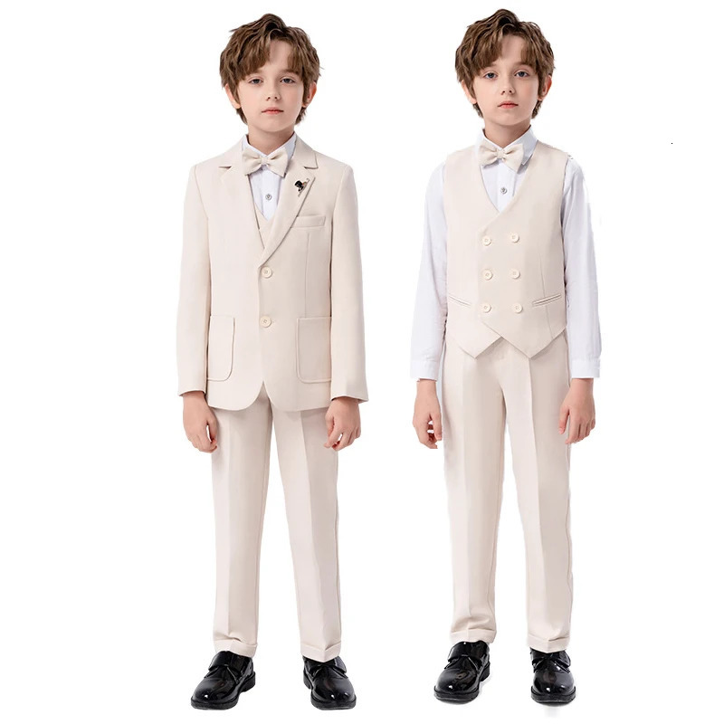 Children Formal Beige Suit Set Boy Blazer Pants Bowtie Clothes Kids Wedding Party Performance Catwalk Show Pogray Costume 251021