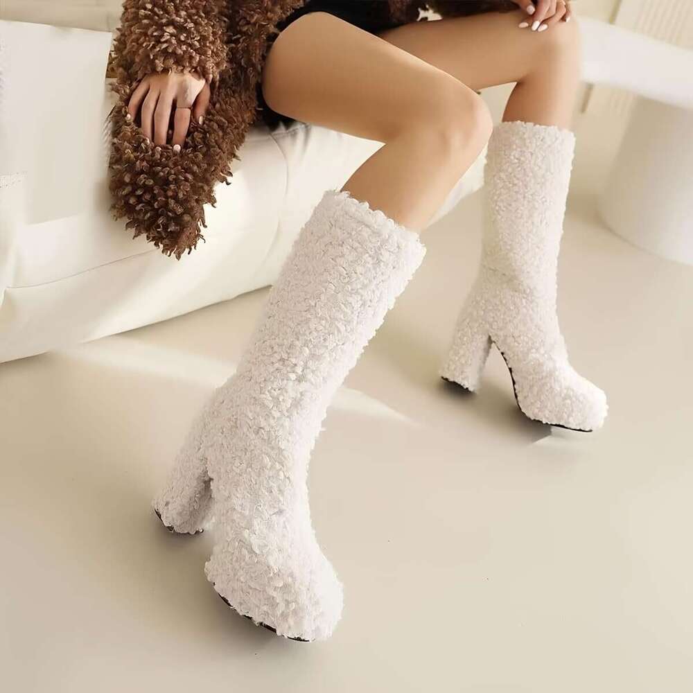 Women's Chunky 11" High Heel Fluffy Mid-Calf Boots With 1.57" Platform Warm Plush Lining, Round Toe & Slip-On Design All-Season Comfort