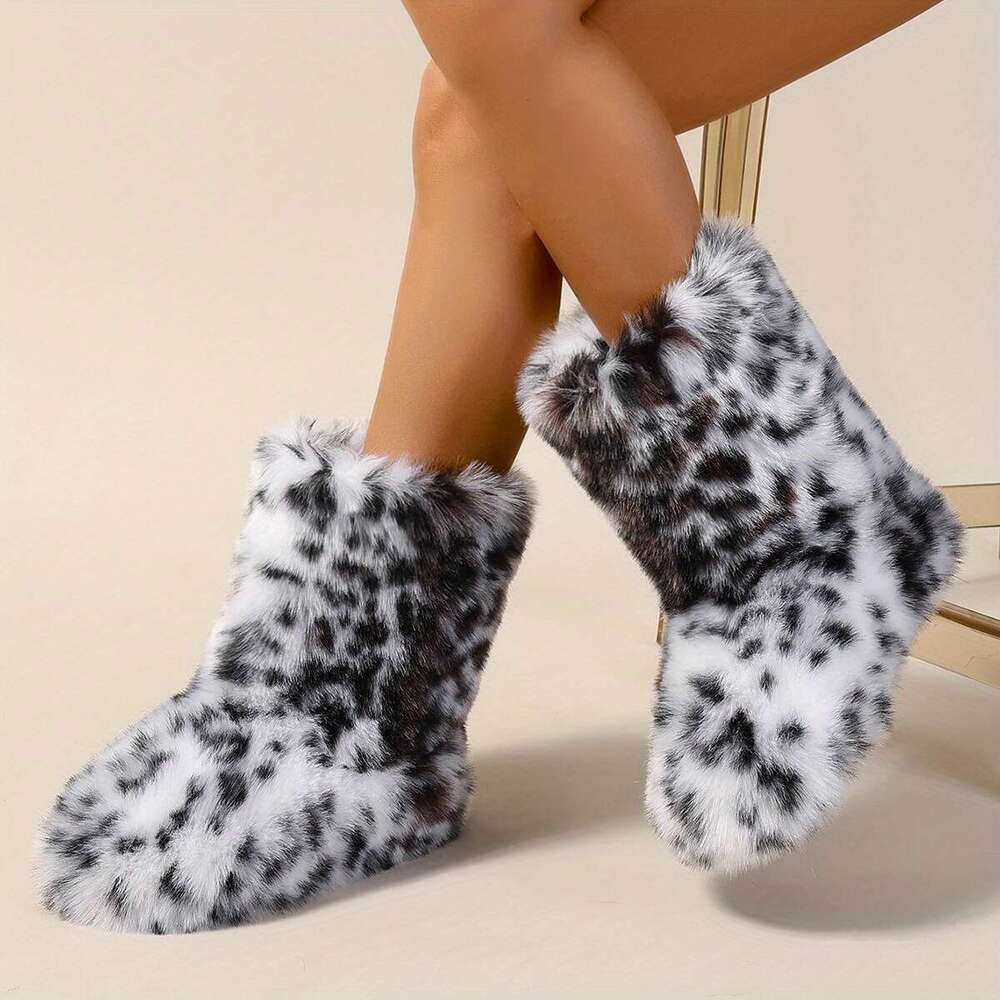Women's Mid-Calf Faux Fur Y2k Fashion Winter Warm Snow Boots, Leopard Print Flat Heel, Round Toe Slip-On Cozy Booties With Soft TPR Sole