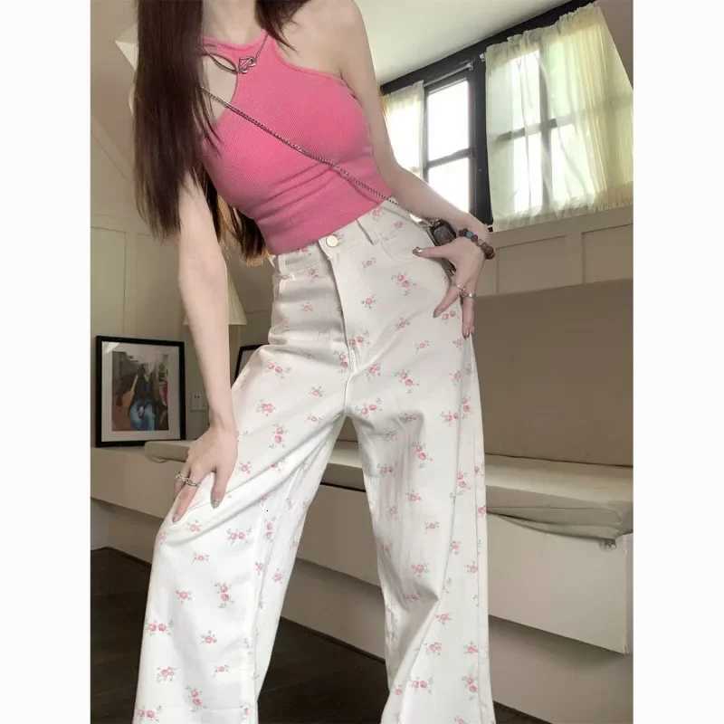 White floral straight jeans womens early autumn new thin loose high waist covered Joker slim casual wideleg pants jeansT251022