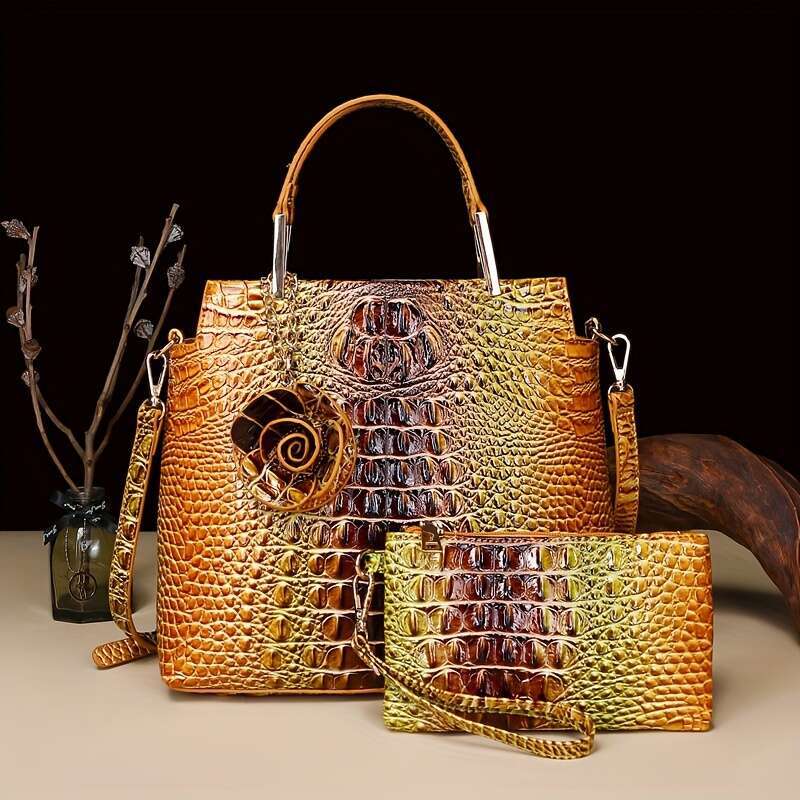 2Pcs Crocodile Print Handbag Set Fashionable Vintage Style, Multi-Functional Top Handle Crossbody, Business Clutch & Coin Purse - Spacious, Secure, Id