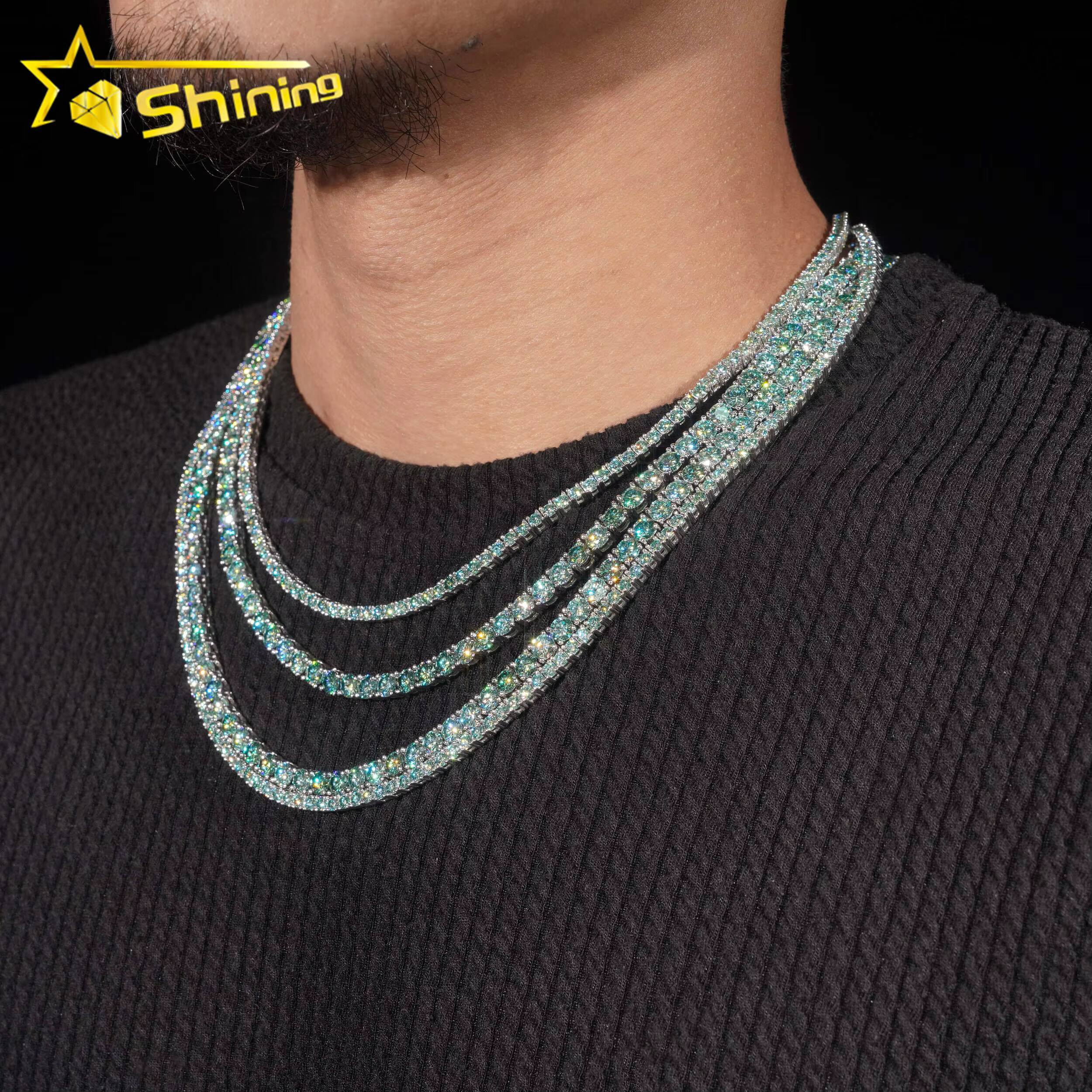 Wholesale Price Bluegreen Moissanite Tennis Chain 925 Sterling Silver Gold Plated Pass Diamond Test Colors Moissanite Necklace