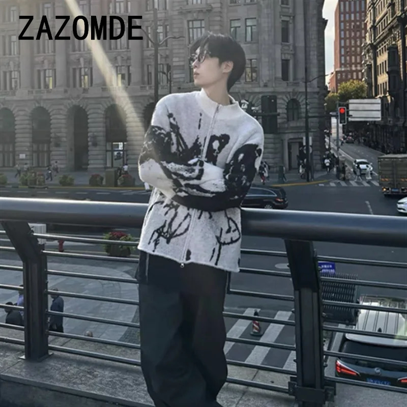 ZAZOMDE Men Sweater Cardigan Y2K Vintage Knitted Graffiti Butterfly Zip Up Jumpers Hip Hop Loose Double Zipper Punk Gothic Coat 251020