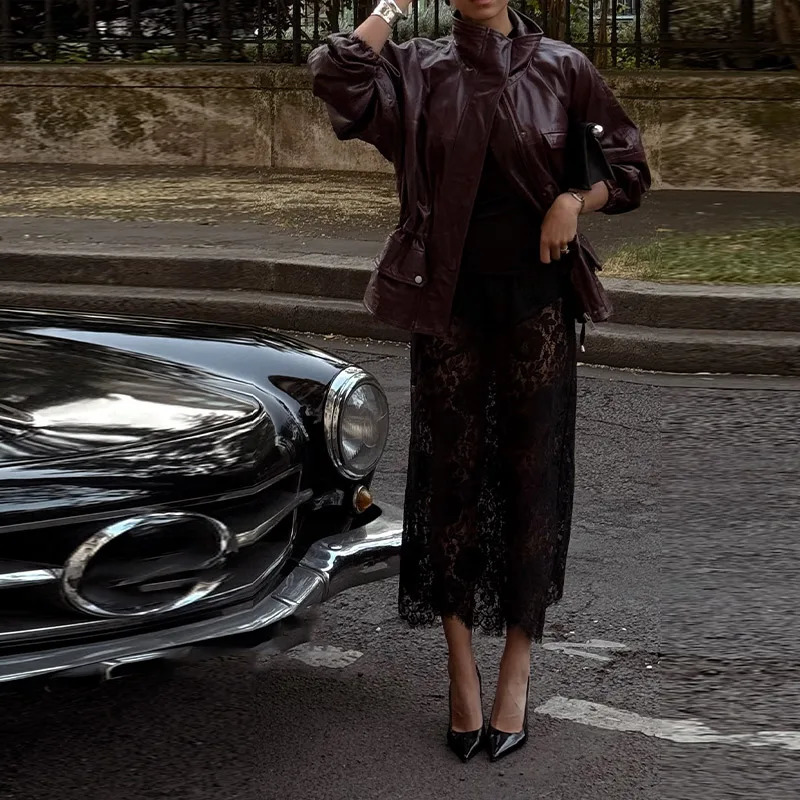 Retro PU Leather Stand Collar Jacket Women Fashion Wine Single Breasted Waistcinching Jackets Lady Chic Street Outwear 251017