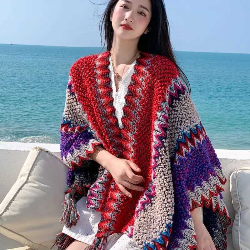 110x125cm Fashion Outerwear Knitted Shawl Tourism Ethnic Style Retro Cloak Tourism Cloak Tassel Scarves Vacation Party Gift J251129