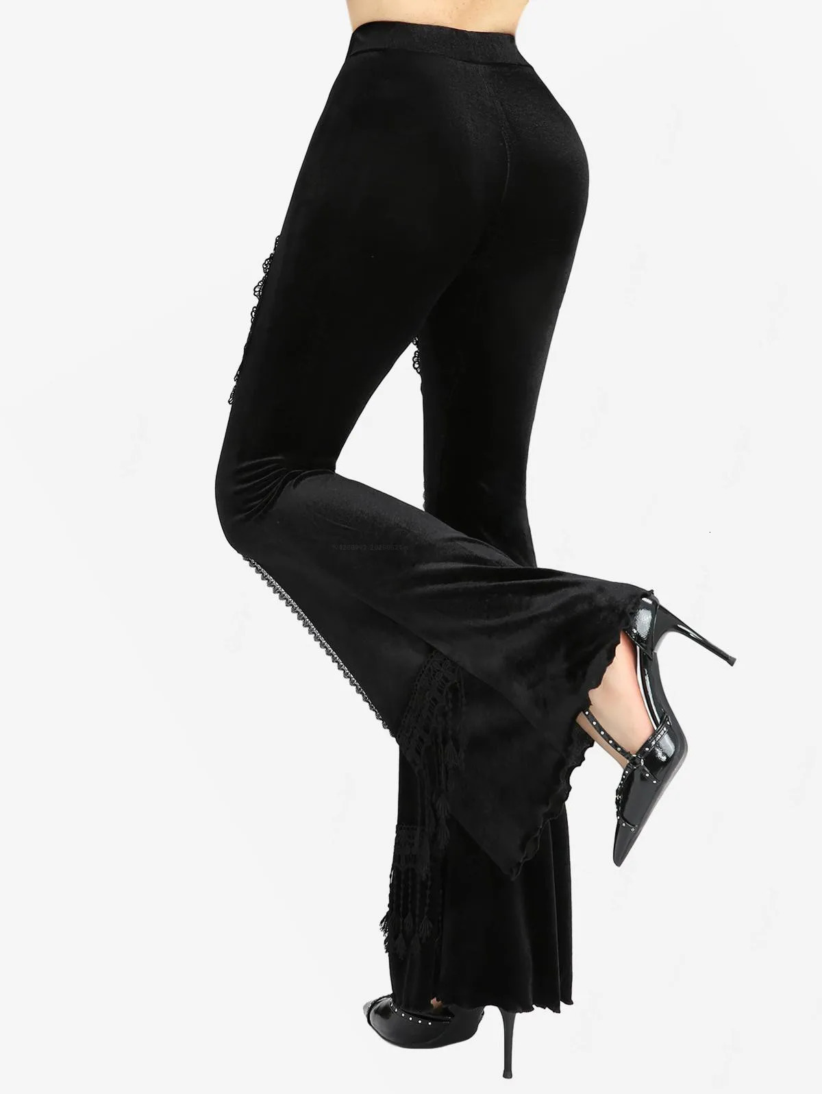 ROSEGAL Plus Size Gothic Rose Flower Mesh Applique Rivet Lace Trim Tassel Velvet Flare Pants 251017