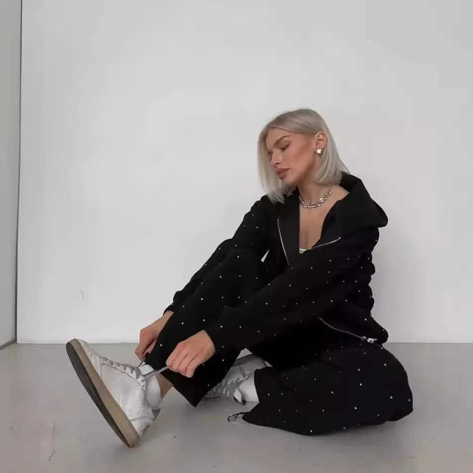 Black Sport Suits for Women Zipper Hoodie And Pants Set Polka Dot 2 Piece Sets Sportswear Casual Outfit Tracksuit for WomenT251022