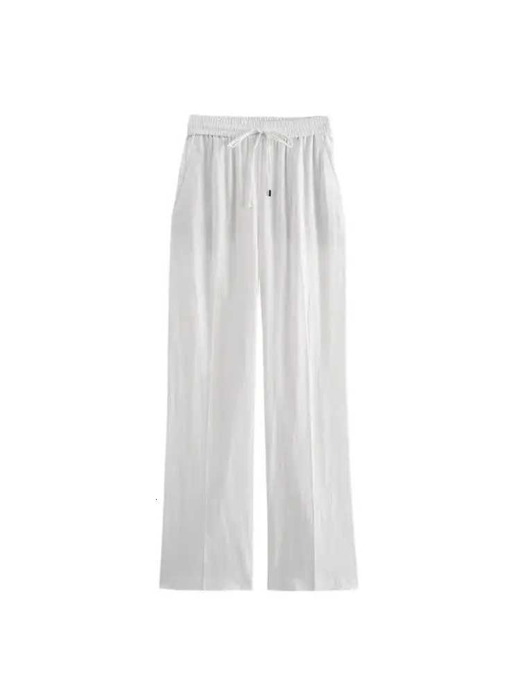 Womens Straight Pants with Front Pockets High Elastic Waist Drawstrings Female Trousers Chic FashionT251022