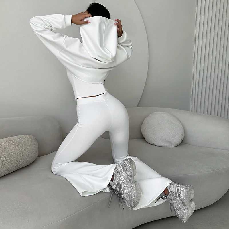 CUTENOVA Women Fall New SolidColor Fishbone Vest Hooded LongSleeve Jacket Flared Pants ThreePiece Set Chic Streetwear SuitT251022