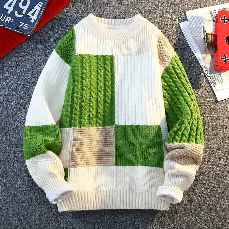 Autumn Winter Mens Round Neck Knit Sweater Fashion Plaid Knitted Pullovers Men Casual Loose Warm patchwork SweatersXJ251022