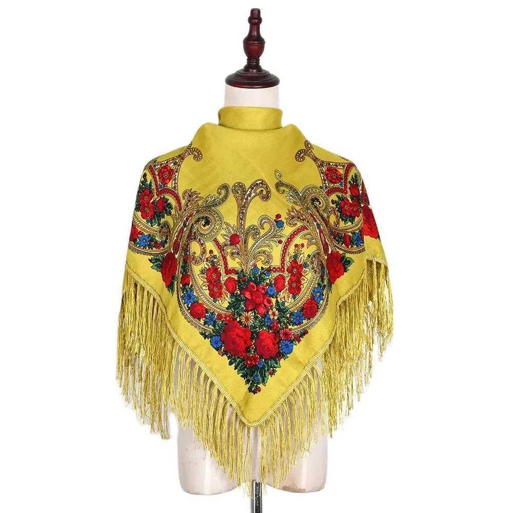 Russian Square Scarf Traditional Ukrainian Shawls Women Luxury Floral Print Fringed Bandana Spanish Ethnic Style Head Wraps J251118