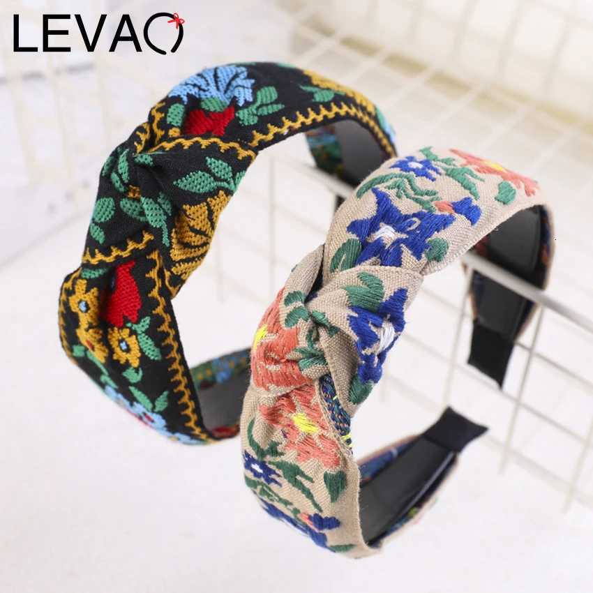 Levao Female Ethnic Hairband Embroidery FlowerLeaf Headband Head Bezel for Women Cross Knotted Hair Hoop Headbands Headwear V251022