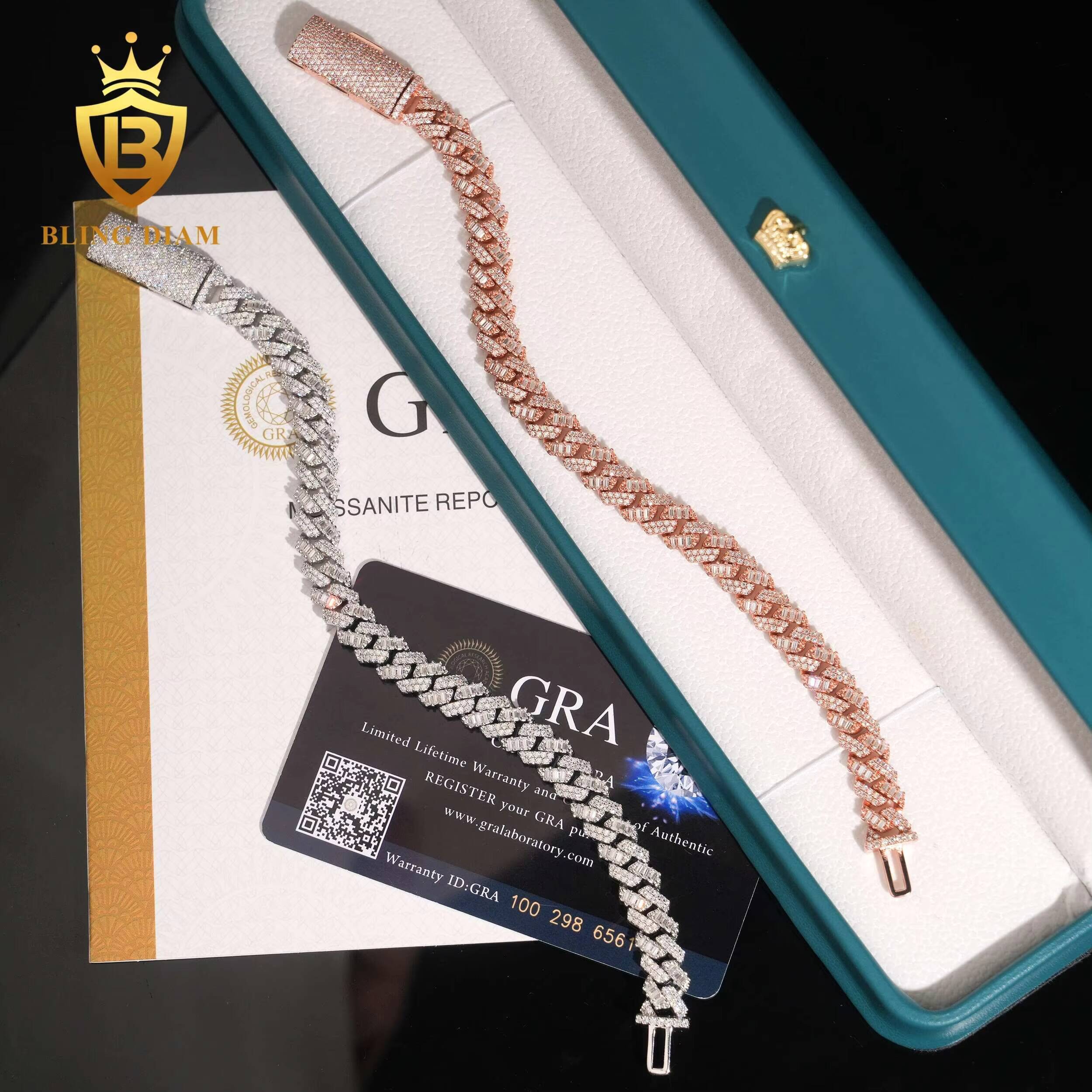 New Trendy Fine Jewelry 925 Sterling Silver Moissanite Diamond Iced Out 8mm Two Rows Hip Hop Moissanite Cuban Link Chain