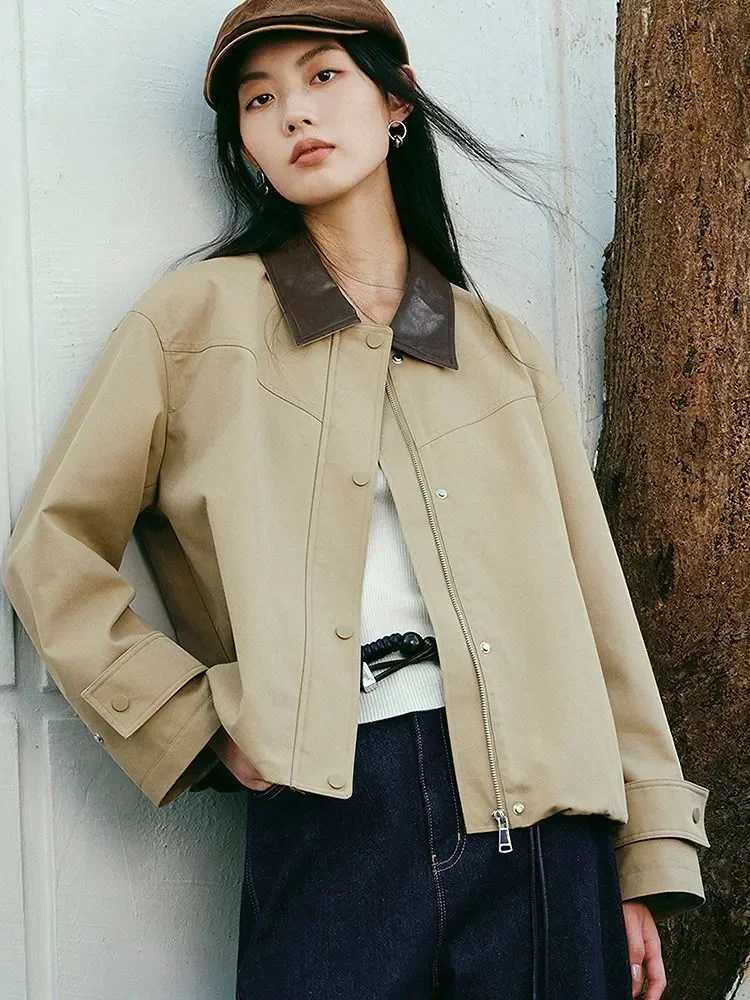 Korean Fashion Spliced Outerwears Women Casual Lapel Neck Zipper Loose Jackets Tops Spring Fall Long Sleeve Chaquetas Blusas New Y251105