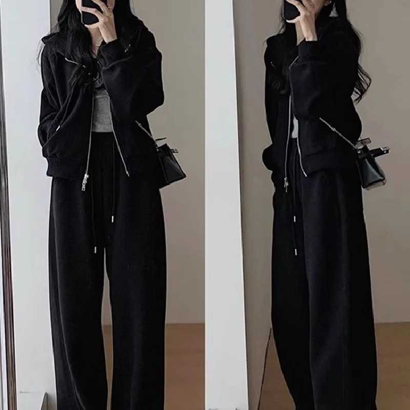 Cardigan Sweatshirt Matching Sets Zipper Hoodies Pant Sets Hooded Tracksuit Solid Drawstring Wide Leg Pants Pockets CasualT251022