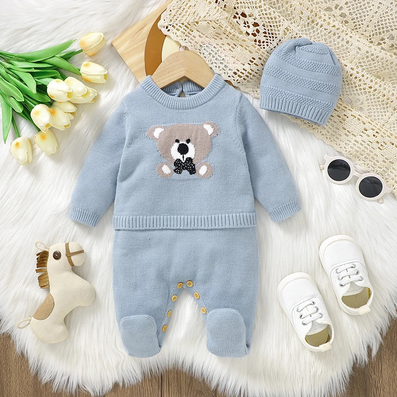 018m Baby Rompers Hats Sets Spring Fall Winter Blue Long Sleeve Knitted born Boys Outwear Playsuits Costumes 2pcs Suits 251022
