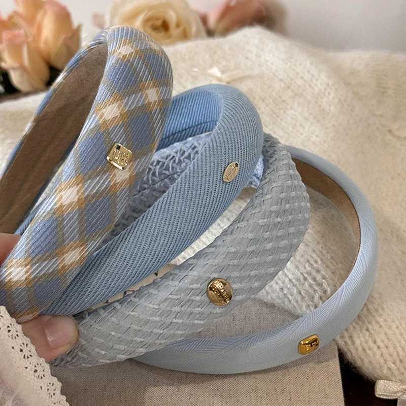 Spring New Sponge Headband for Women Elegant Gold Label Blue Wide Brimmed Hair Band Fashion Girl Face Wash Hair Hoop V251022