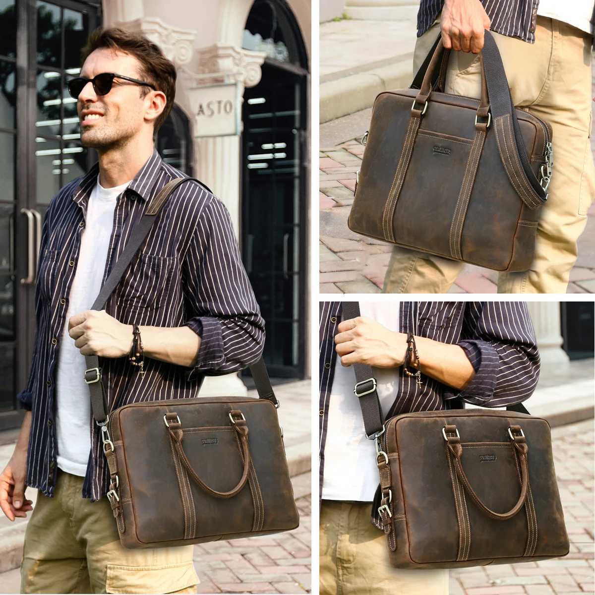 Genuine Crazy Horse Leather Men Laptop Bags Business Mens Briefcase Male Shoulder Tote Handbag Casual Crossbody Bag W251022