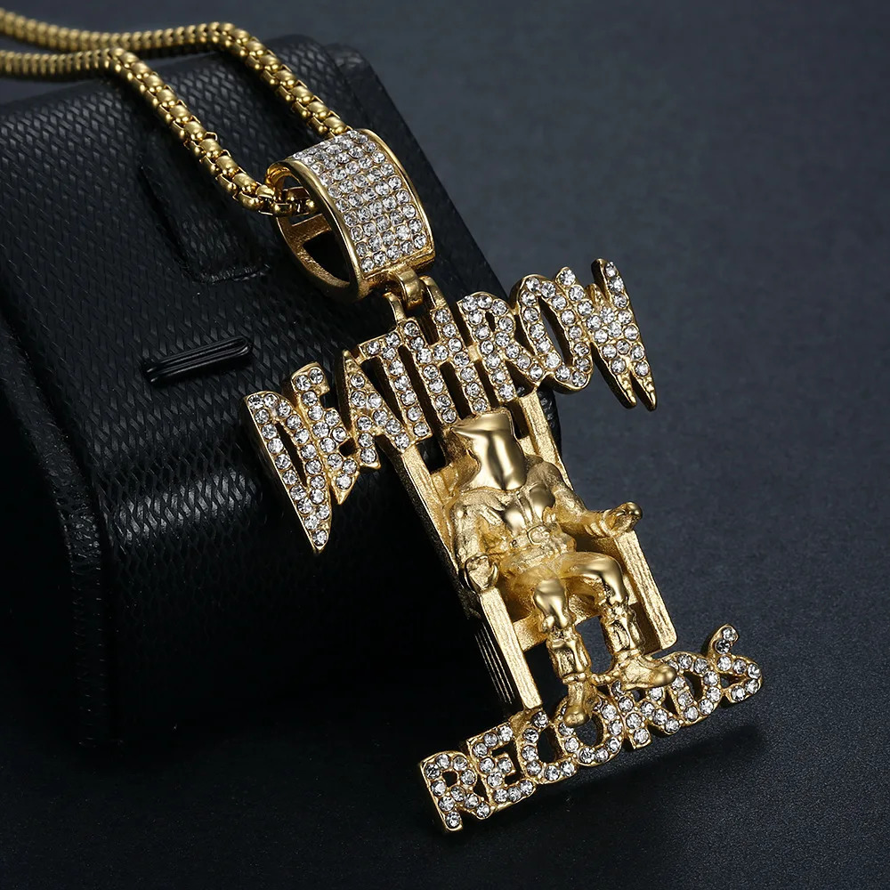 Nightclub Rhinestone Records Prisoner Pendant Hip Hop Death Row Chain Stainless Steel Men Necklace Wholesale Jewelry 251017