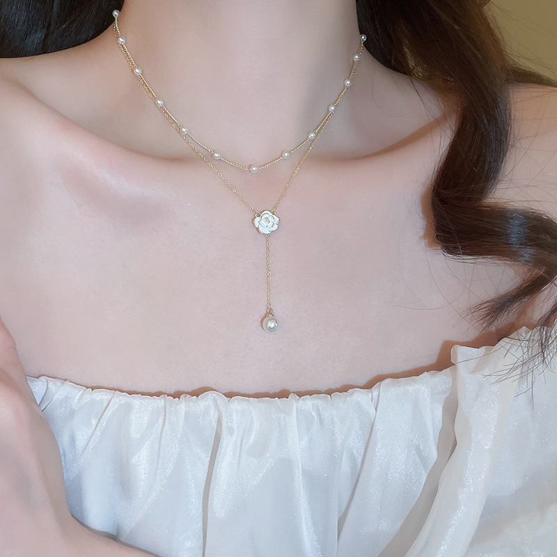 Sweet Temperament Camellia Necklace Simple Fresh Double Layer Clavicle Chain Light Choker New Style Jewelry for Women - view 4