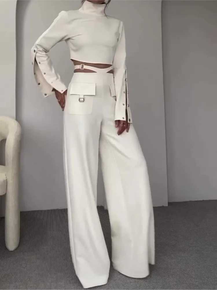 Women Pant Set Two Piece Sets Turtleneck Full Sleeve Cropped Top Sexy Wide Leg Long Pants Loose Casual Elegant Matching SetsT251022
