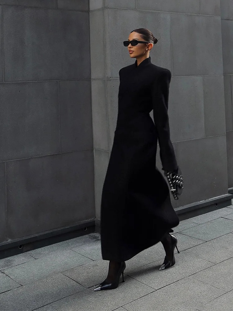 Black Tailored Long Coat Women Elegant Asymmetric Button Front Pockets Full Sleeve Crisscross Neck Jacket Casual Outerwear 251021