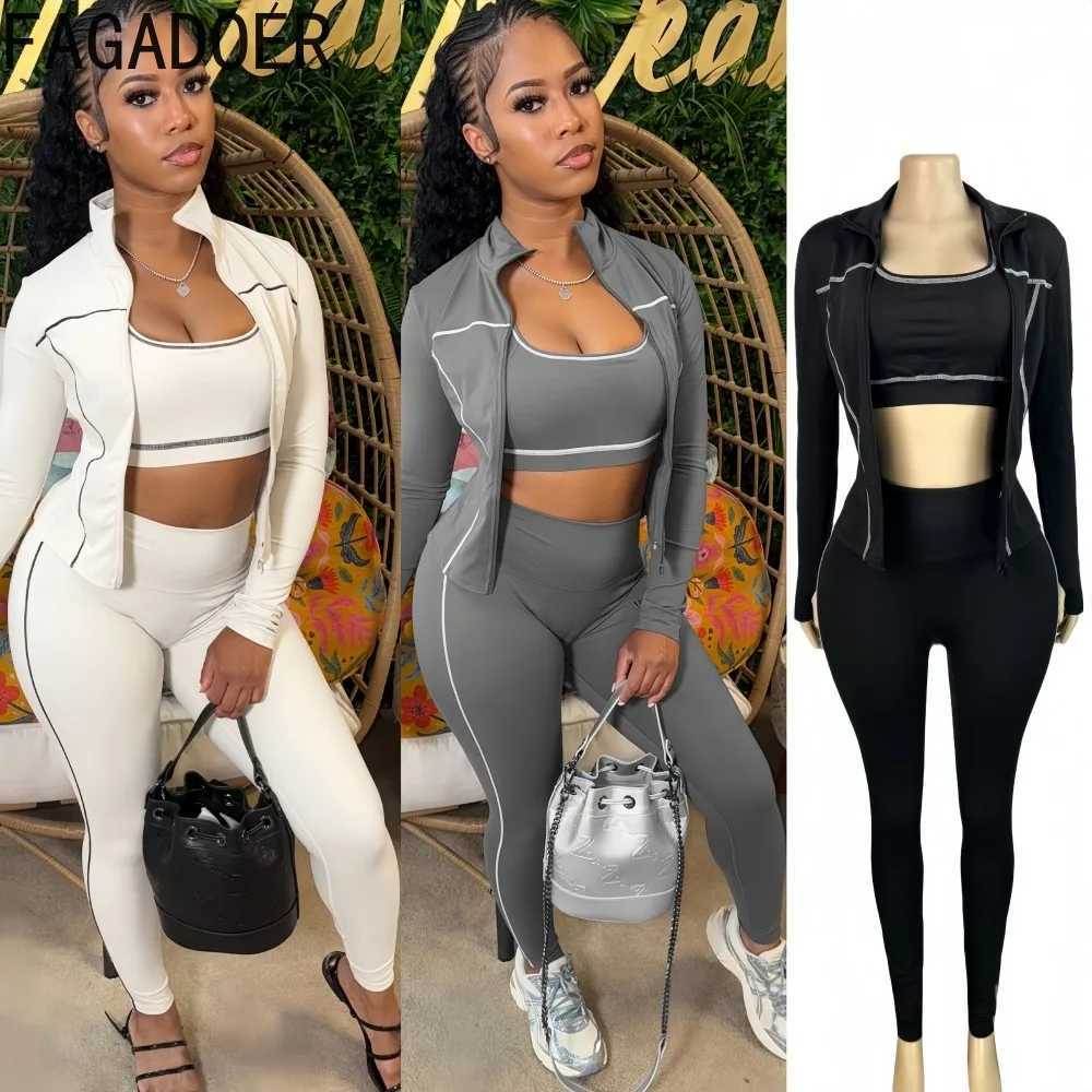 FAGADOER Autumn New Fashion Sports 3 Piece Sets Woman Outfit Stripe Patchwork Long Sleeve Zipper Tops Pants Female StreetwearT251022