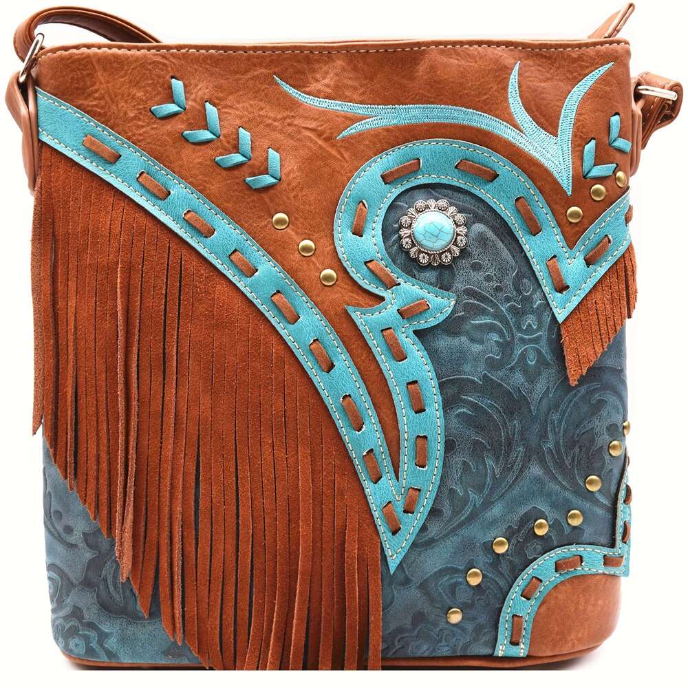 Women's Cowboy Crossbody With Fringe Tassel Decorations Adjustable Strap, Zipper Closure, Hardware, Turquoise Bead Accent Synthetic Faux Leather 