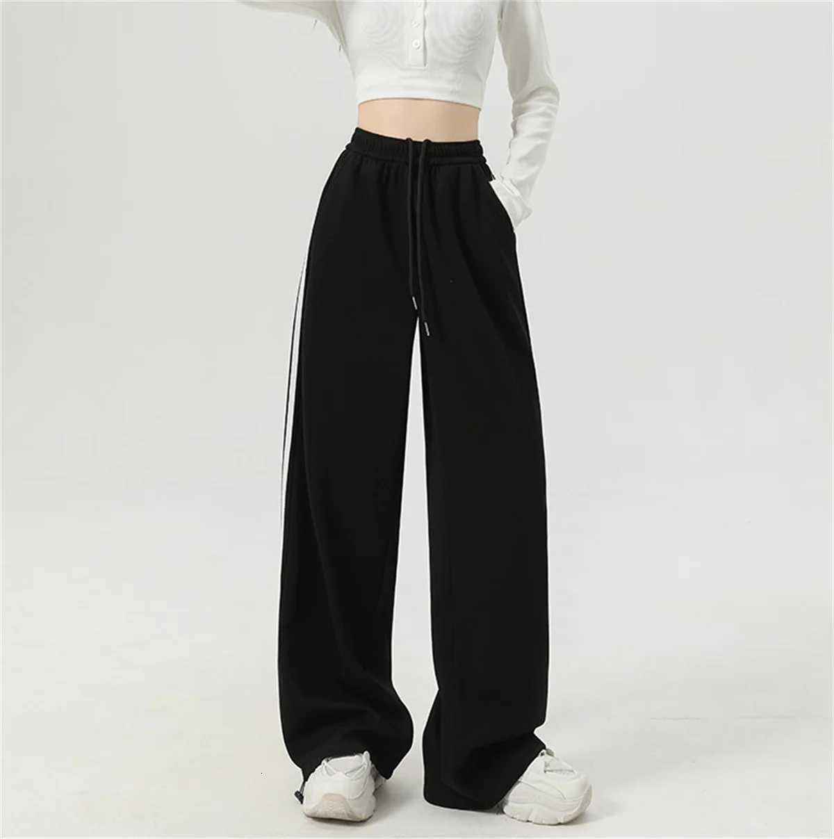 Women Stripe Chic Straight Pant Autumn Spring Retro Sports Sweatpants High Waist Color Blocked Trouseres Lady Casual StreetwearT251022