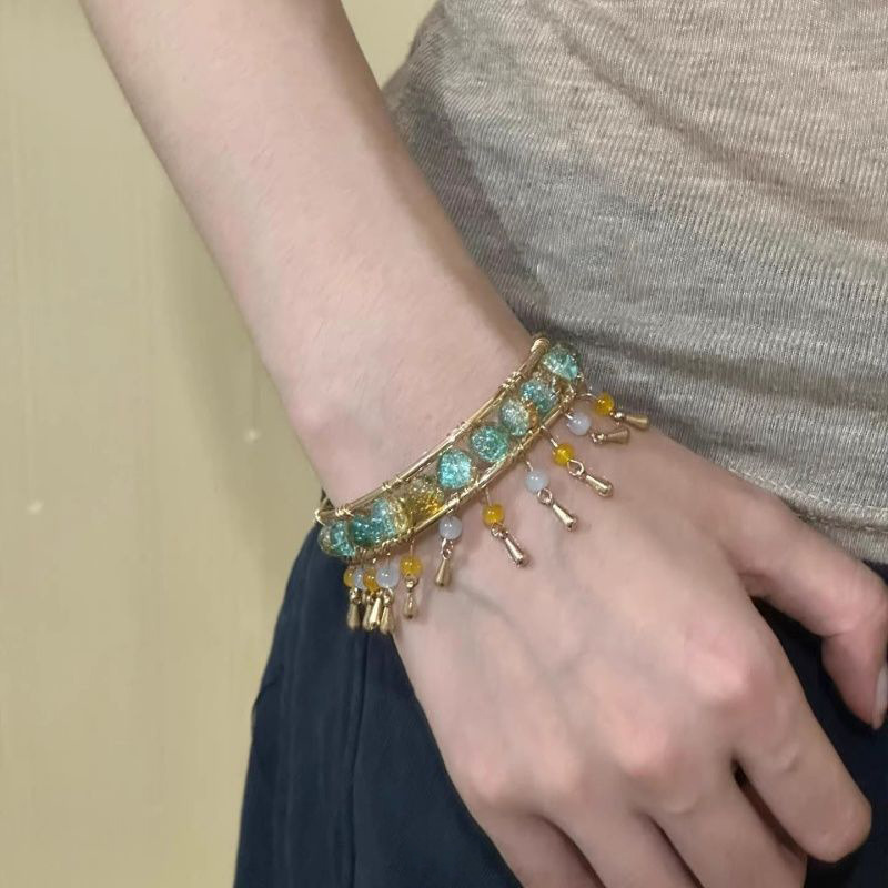 Jewellery Gold Toned Vintage Style Beaded Cuff with Colorful Glass Beads & Tassel Drops for Daily Wear Gift for All Occasions Textured Ethnic Inspired