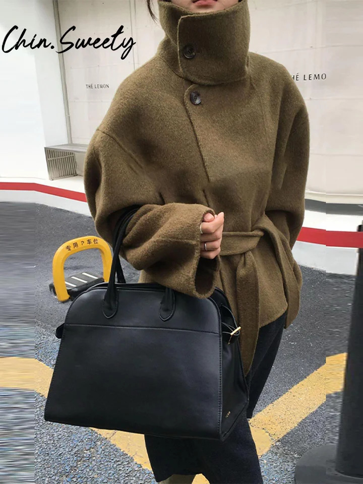 Urban Woolen Belt Women Coat Casual Long Sleeve Button Patchwork Female Jacket Autumn Winter Fashion Lady Streetwear 251021