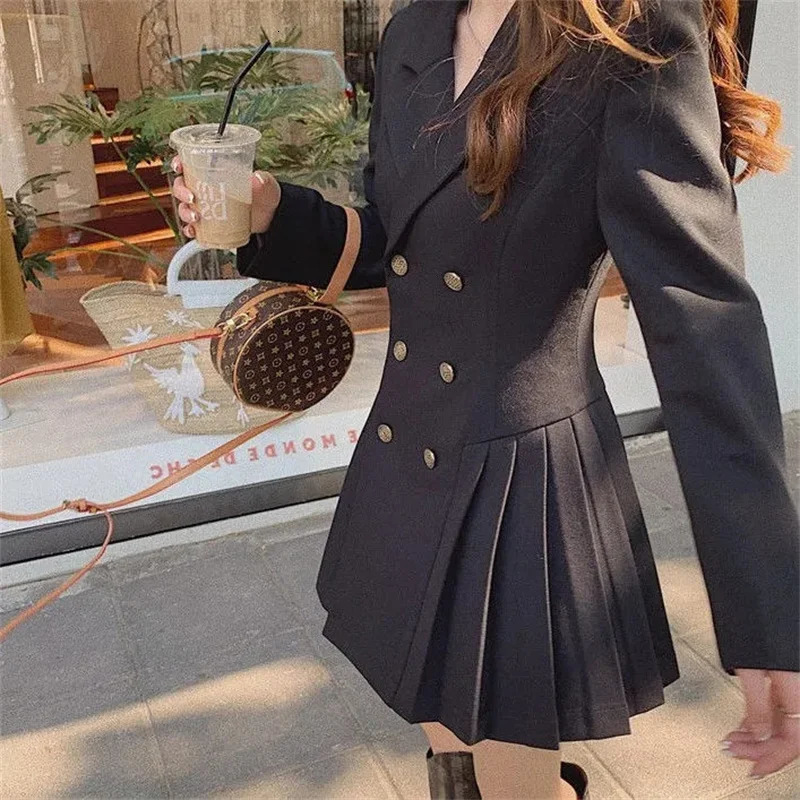 4XL Womens Fat mm Hepburn Double breasted Blazer Suit Dress Autumn and Winter Waist Shrinking Long Sleeve Pleated Dress Orange 251020