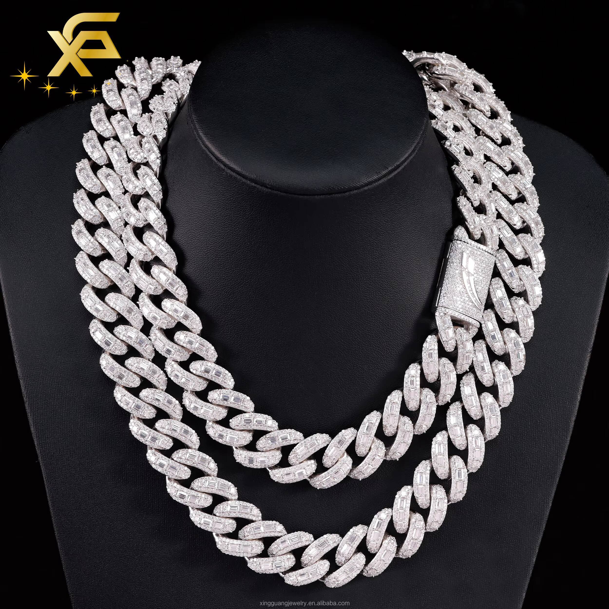 Hip Hop 20mm 18mm Wide Necklace Baguette Moissanite Diamond Heavy Silver Gold Plated Cuban Lidynamic Chain with GRA Certificate